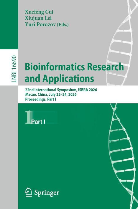 "Bioinformatics Research and Applications", 22nd ISBRA 2026, Macao. Grün-graue Buch-Covergestaltung mit DNA-Helix.