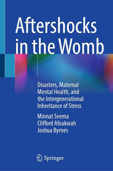 "Aftershocks in the Womb" mit Autoren Minnat Seema, Clifford Afoakwah, Joshua Byrnes. Blauer Hintergrund, buntes Verläufe. Logo unten.