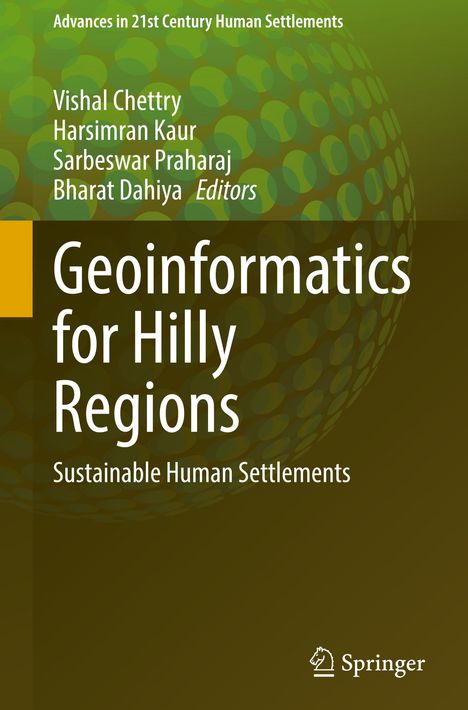 Titel: "Geoinformatics for Hilly Regions". Grüner Hintergrund mit geometrischem Muster. Logo von Springer.