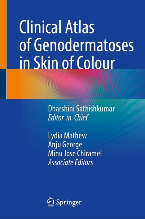 "Clinical Atlas of Genodermatoses in Skin of Colour" mit farbigen Linien auf blauem Hintergrund, Springer-Logo.