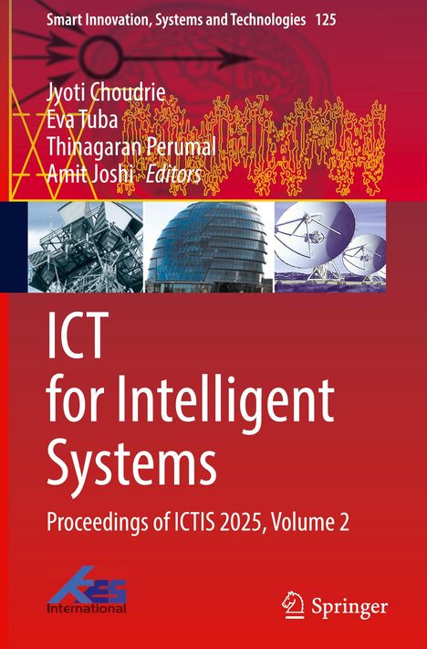 Text: "ICT for Intelligent Systems, Proceedings of ICTIS 2025, Volume 2." Oben rechts sind drei Architektur-Fotos.