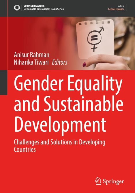"Gender Equality and Sustainable Development" steht in großen weißen Buchstaben auf rotem Hintergrund. Links ein Symbol mit Gleichheitszeichen in einem Kreis, das Geschlechter darstellt, auf einem kleinen Notizblock.