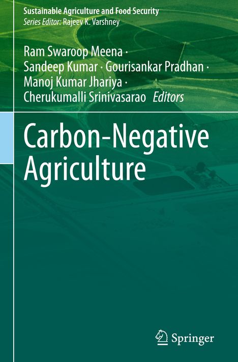 "Carbon-Negative Agriculture", Herausgeber: Ram Swaroop Meena und andere. Grüner Hintergrund mit ländlicher Szene.
