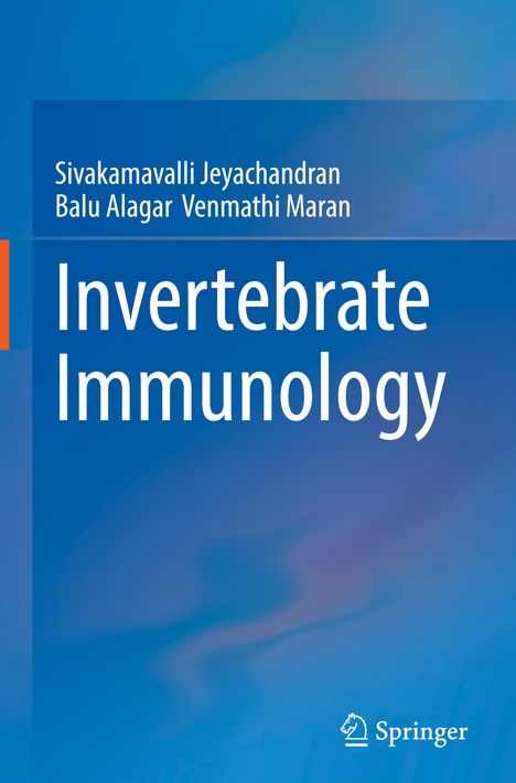 Text: 

Sivakamavalli Jeyachandran  
Balu Alagar Venmathi Maran  
Invertebrate Immunology  

Blaue Farbverläufe, Springer-Logo unten.