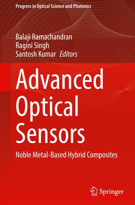 Titel: Advanced Optical Sensors. Untertitel: Noble Metal-Based Hybrid Composites. Roter Hintergrund mit Linienmuster.