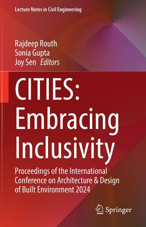 Titel: "CITIES: Embracing Inclusivity". Herausgeber: Rajdeep Routh, Sonia Gupta, Joy Sen. Einfache, dunkle Farbverläufe.