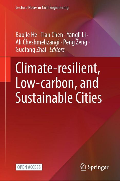 Titel: "Climate-Resilient, Low-Carbon, and Sustainable Cities"; Autoren: Baojie He, Tian Chen, etc.; roter Hintergrund.