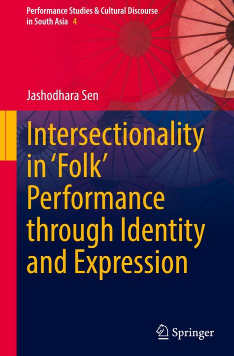 Buchtitel: "Intersectionality in 'Folk' Performance through Identity and Expression". Bunte Sonnenschirme im Hintergrund.