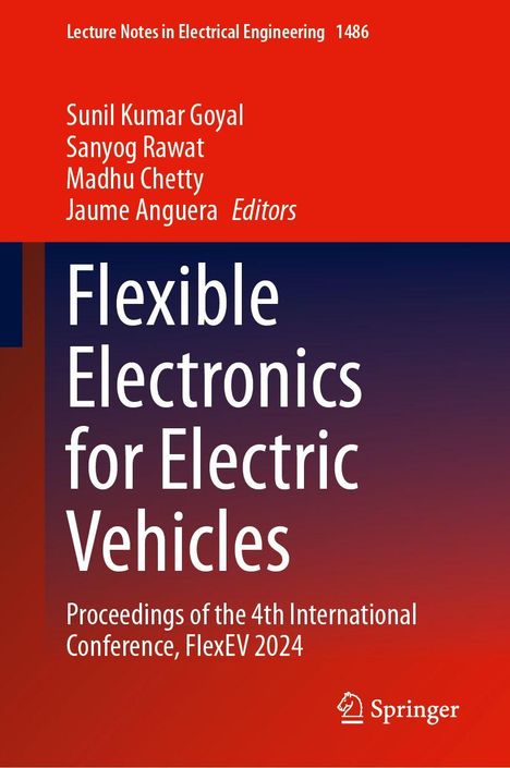 "Flexible Electronics for Electric Vehicles" in weißem Text auf rotem und dunkelblauem Hintergrund, mit Springer-Logo.