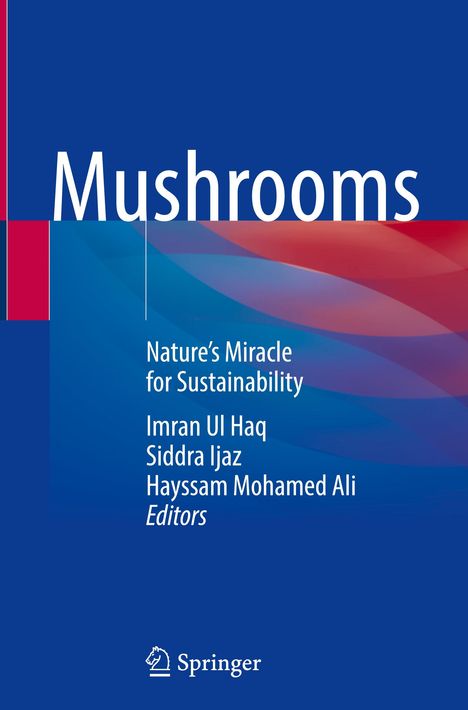 "Mushrooms: Nature’s Miracle for Sustainability" von Imran Ul Haq, Siddra Ijaz, Hayssam Mohamed Ali. Logo von Springer. Hintergrund blau mit Muster.