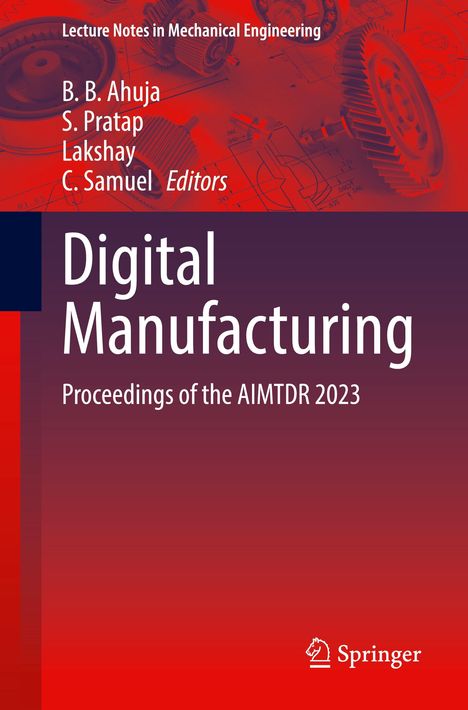 „Digital Manufacturing, Proceedings of the AIMTDR 2023“, rote Zahnräder und technische Zeichnungen im Hintergrund. Logo unten.