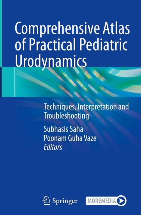 Titel: Comprehensive Atlas of Practical Pediatric Urodynamics. Blaues Cover mit abstraktem Muster und zwei Logos unten.