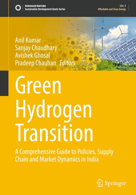 "Green Hydrogen Transition" steht groß auf gelbem Hintergrund. Unten sind Sonnenblumen, Windräder und Solarpaneele.
