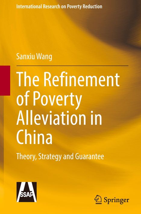 Text: "The Refinement of Poverty Alleviation in China: Theory, Strategy and Guarantee." Gelber Hintergrund, Logos unten.