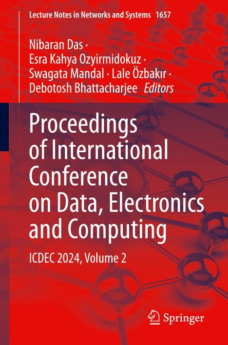 Auf rotem Hintergrund weißer Text: "Proceedings of International Conference on Data, Electronics and Computing", Springer-Logo.