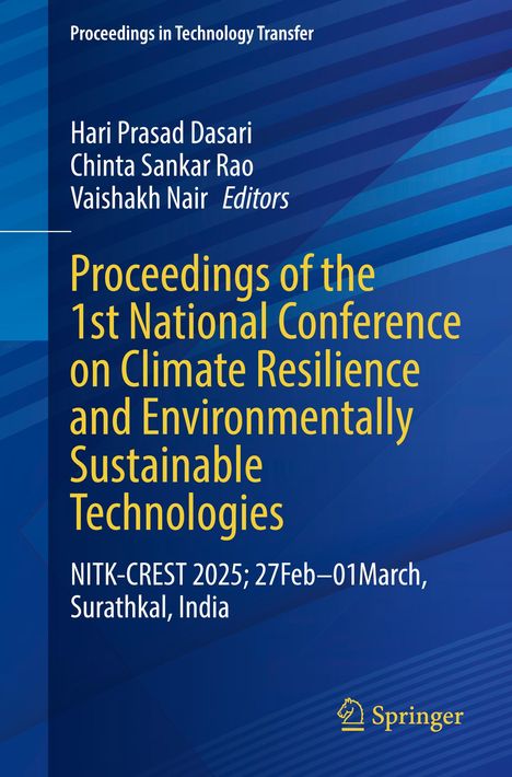Text: "Proceedings of the 1st National Conference on Climate Resilience and Environmentally Sustainable Technologies." Blaues Hintergrunddesign mit dem Springer-Logo unten.