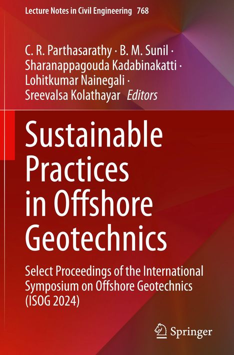 Texte: Lecture Notes in Civil Engineering 768; Sustainable Practices in Offshore Geotechnics. Hintergrund: Rotbraun. Logo: Springer.