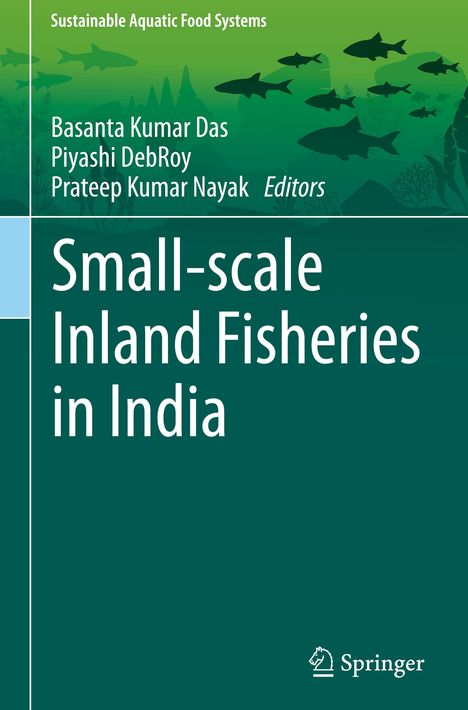 Titel: "Small-scale Inland Fisheries in India". Grüne Hintergrundgestaltung mit Fischen und Pflanzen, Springer-Logo.
