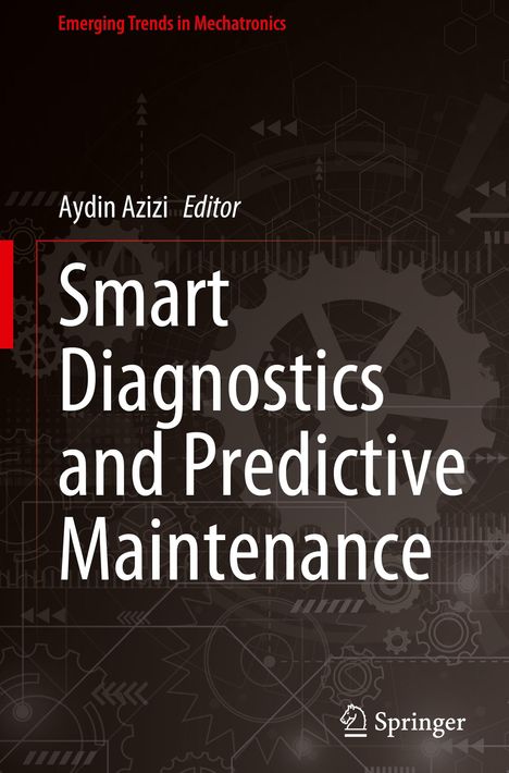 „Smart Diagnostics and Predictive Maintenance“; technisches Design mit Zahnrädern und geometrischen Formen.