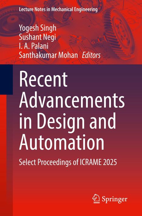 „Recent Advancements in Design and Automation“; Zahnräder und technische Zeichnungen in Rot- und Blautönen im Hintergrund.