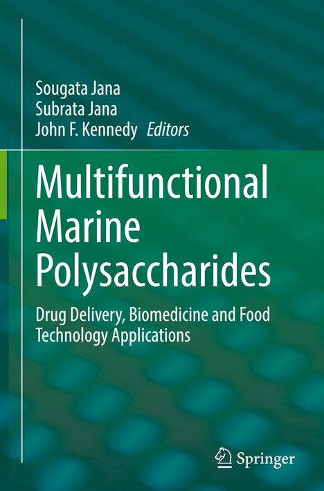 Grüner Hintergrund mit dem Titel: "Multifunctional Marine Polysaccharides" und Autoren: Sougata und Subrata Jana.