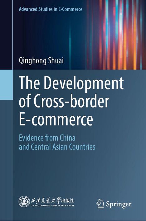 Titel: "The Development of Cross-border E-commerce". Bunte vertikale Linien auf dunklem Hintergrund, Logos unten.