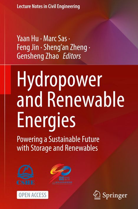 Text: "Hydropower and Renewable Energies. Powering a Sustainable Future with Storage and Renewables." Roter Hintergrund.