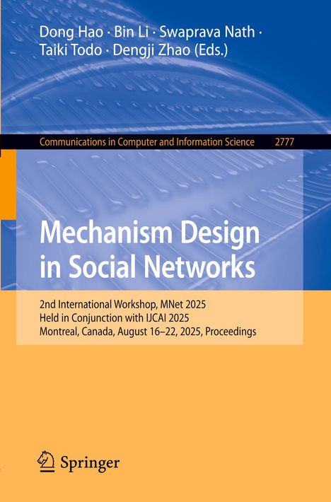 „Mechanism Design in Social Networks“ mit blauem Hintergrund und orangen Akzenten. Springer-Logo unten.