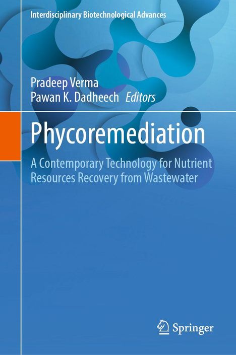 Text: "Phycormediation: A Contemporary Technology for Nutrient Resources Recovery from Wastewater." Blaue abstrakte Formen.