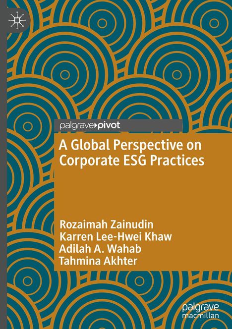 „A Global Perspective on Corporate ESG Practices“ von Rozaimah Zainudin et al. Abstrakte, kreisförmige Muster in Blau und Braun.