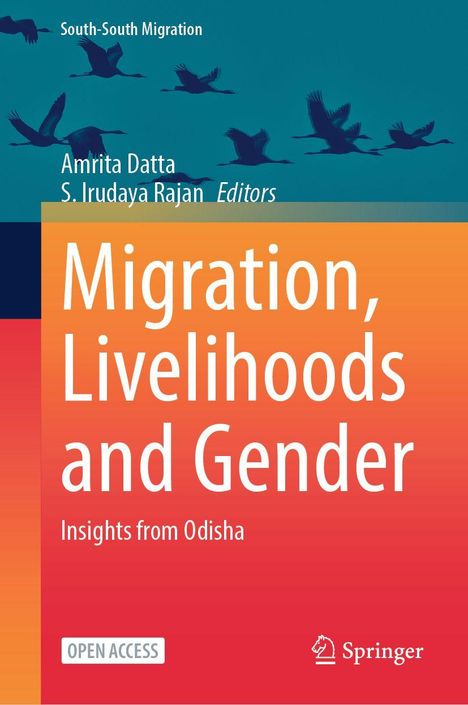 „Migration, Livelihoods and Gender: Insights from Odisha“ in weißer Schrift auf orange-blauem Hintergrund mit fliegenden Vögeln.