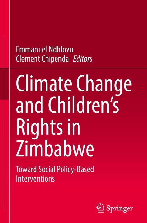 Roter Hintergrund, Titel: "Climate Change and Children’s Rights in Zimbabwe", Herausgeber: Emmanuel Ndhlovu, Clement Chipenda.