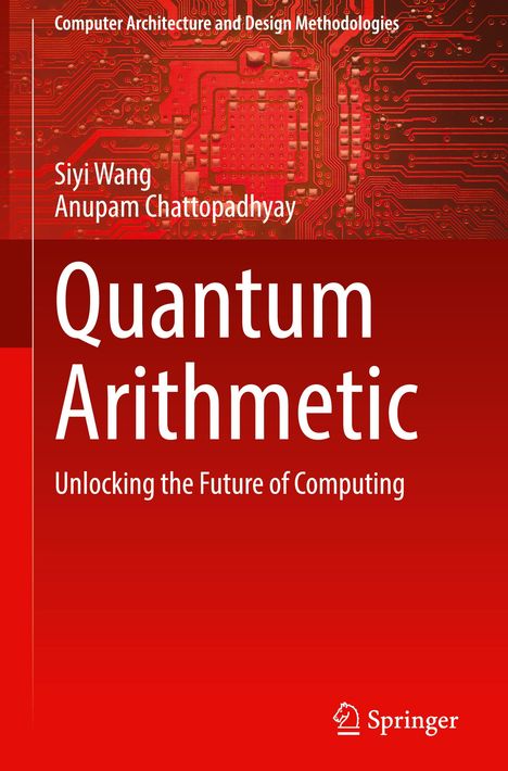 Text im Buchcover: "Quantum Arithmetic", "Unlocking the Future of Computing". Rotes Design mit Tech-Muster.