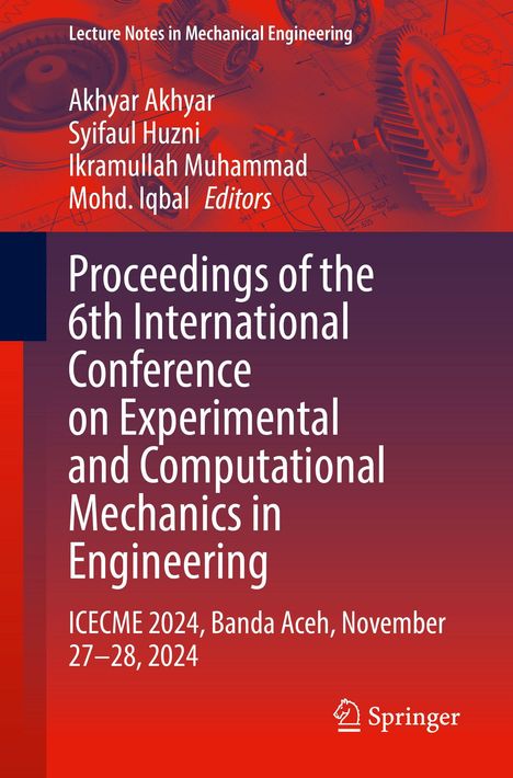 Buchtitel mit Autoren, Veranstaltung: ICECME 2024, Banda Aceh, Nov 27–28, 2024. Rotes Design, Zahnräder und Blaupausen.