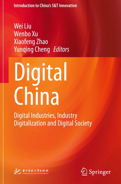 Buchtitel: "Digital China". Roter Hintergrund mit orangefarbenen Wellen, Verlag Springer unten rechts.