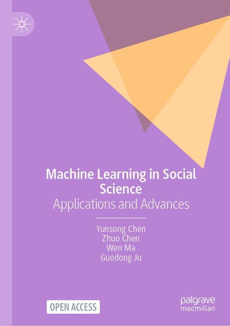 „Machine Learning in Social Science: Applications and Advances“. Lilafarbener Hintergrund mit geometrischen Formen.