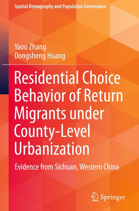 „Residential Choice Behavior of Return Migrants under County-Level Urbanization“ auf orange-rotem geometrischem Hintergrund.