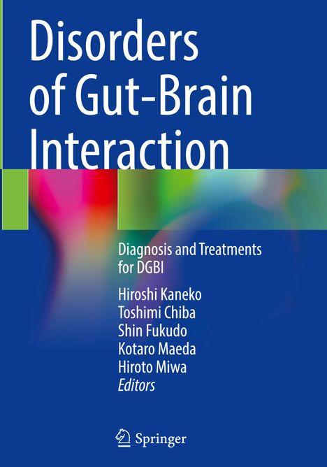 „Disorders of Gut-Brain Interaction: Diagnosis and Treatments for DGBI“ von Hiroshi Kaneko et al. Blauer Hintergrund, abstrakte Farben.