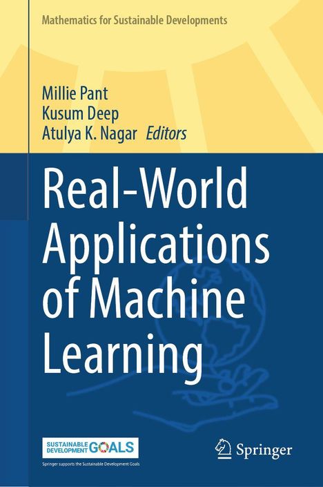 "Real-World Applications of Machine Learning" steht in großer weißer Schrift auf blauem Hintergrund. Es gibt ein Logo.
