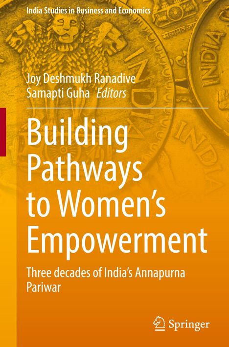 "Building Pathways to Women’s Empowerment" steht groß auf orangem Hintergrund, begleitet von einem Münzmotiv. Springer-Logo unten.