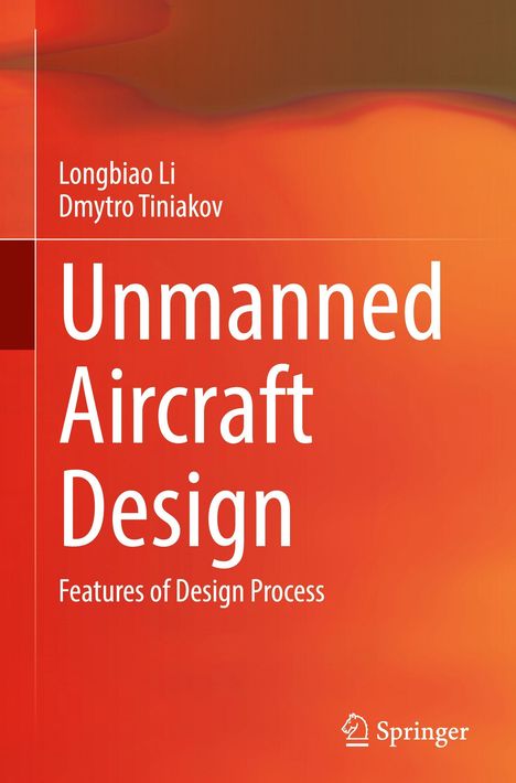 Text: "Unmanned Aircraft Design, Features of Design Process", Autoren: Longbiao Li, Dmytro Tiniahov. Roter abstrakter Hintergrund.