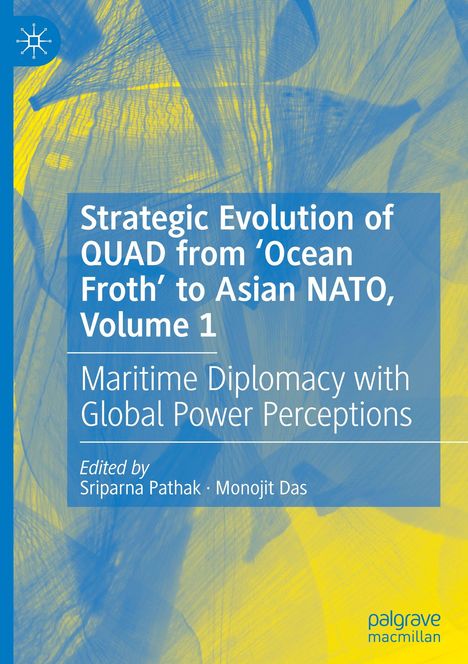 „Strategic Evolution of QUAD“, Buchcover in Blau und Gelb mit abstraktem Hintergrund.