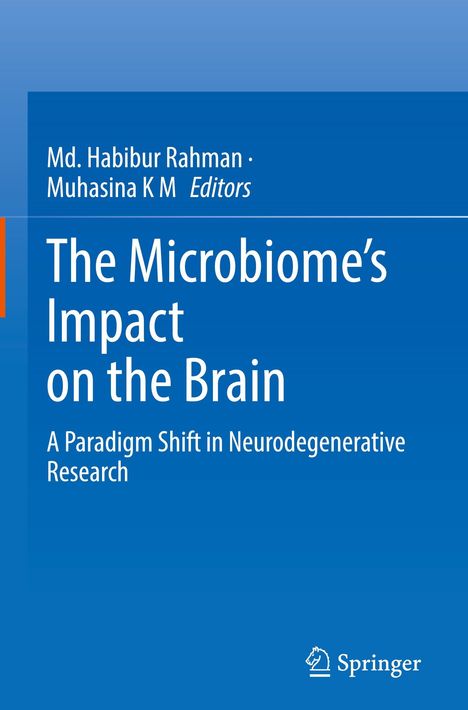 Text: "The Microbiome’s Impact on the Brain" von Md. Habibur Rahman und Muhasina K M. Blauer Hintergrund, Springer-Logo.