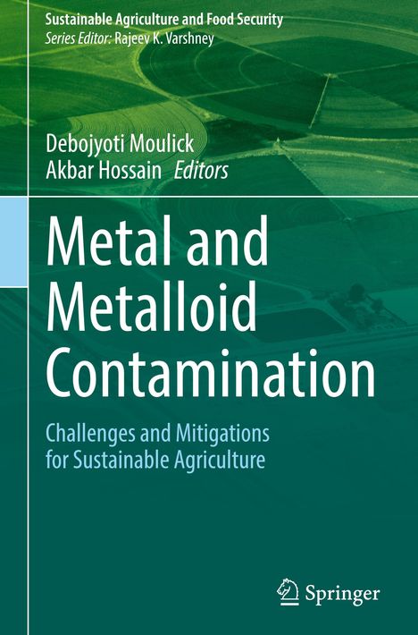Text: "Metal and Metalloid Contamination: Challenges and Mitigations for Sustainable Agriculture." Grün-töniger Hintergrund mit Landschaftsmuster.