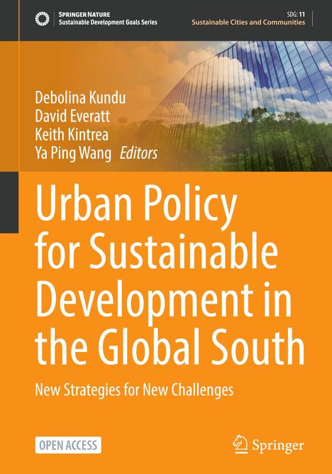 "Urban Policy for Sustainable Development in the Global South" in Orange. Wolken spiegeln sich in Glasfassade.