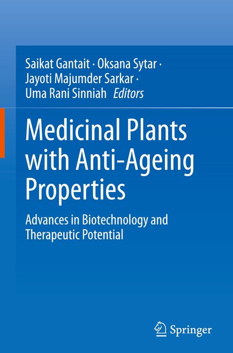 "Medicinal Plants with Anti-Ageing Properties" steht in großen weißen Buchstaben auf blauem Hintergrund mit Springer-Logo.
