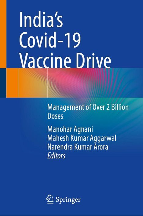 "India’s Covid-19 Vaccine Drive: Management of Over 2 Billion Doses." Bunte, abstrakte geometrische Formen und ein Verlagssymbol am Boden.