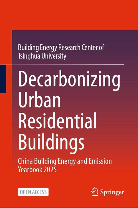 "Decarbonizing Urban Residential Buildings", "Open Access", Springer-Logo. Roter Hintergrund mit blauem Akzent.