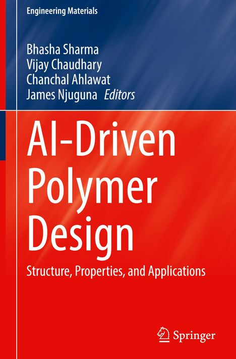 Text: "AI-Driven Polymer Design: Structure, Properties, and Applications." Blaue und rote Hintergrundgestaltung mit Autorenangabe.