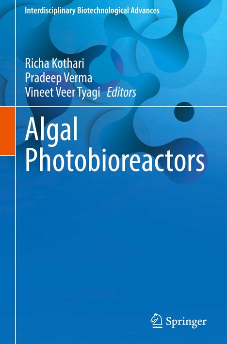 Titel: Algal Photobioreactors. Autoren: Richa Kothari, Pradeep Verma, Vineet Veer Tyagi. Abstraktes blaues Muster.